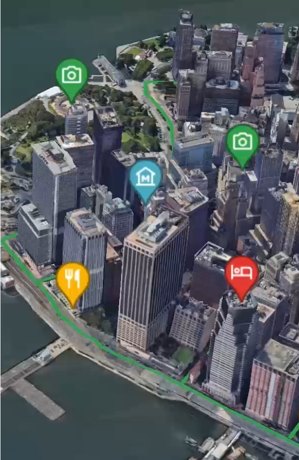 City buildings along a river with point of interest markers