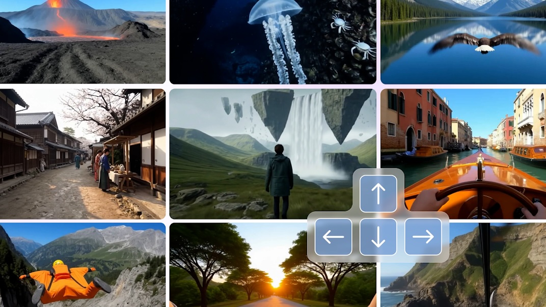 A grid of nine diverse, interactive AI-generated environments with a directional arrow key overlay showing user control.