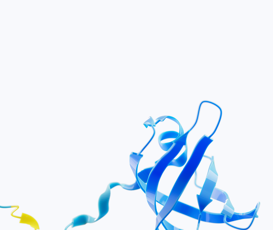 A 3D ribbon diagram of a blue protein structure interacting with a yellow ribbon structure against a white background.