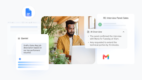 A man works on a laptop surrounded by digital overlays showing Google Docs and Gmail icons, a Gemini prompt to "Draft a Sales Rep job description," and an AI Overview card summarizing an interview panel email thread.