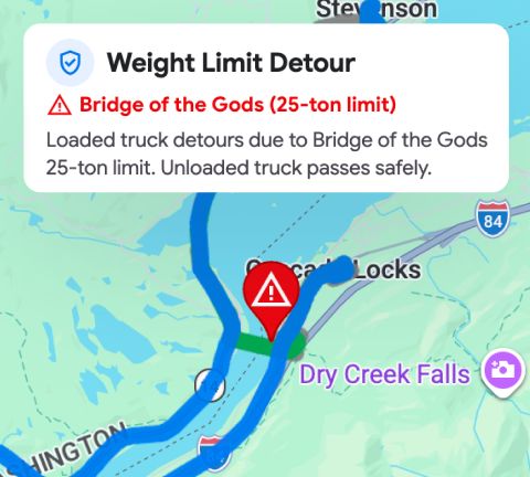 Navigation map with a Weight Limit Detour warning popup for a 25-ton limit on the Bridge of the Gods.