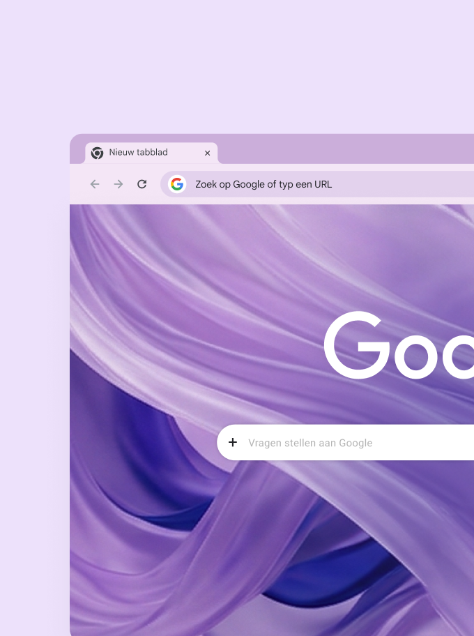 Google Chrome browser window displaying a new tab with a purple abstract wallpaper and search bar.