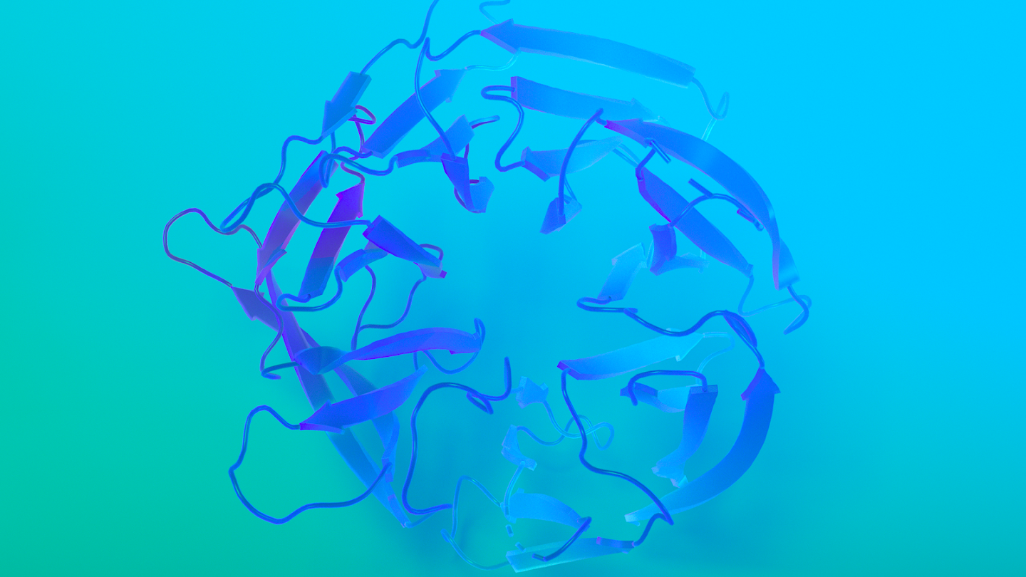A 3D ribbon diagram of a circular blue protein structure against a blue and green gradient background.