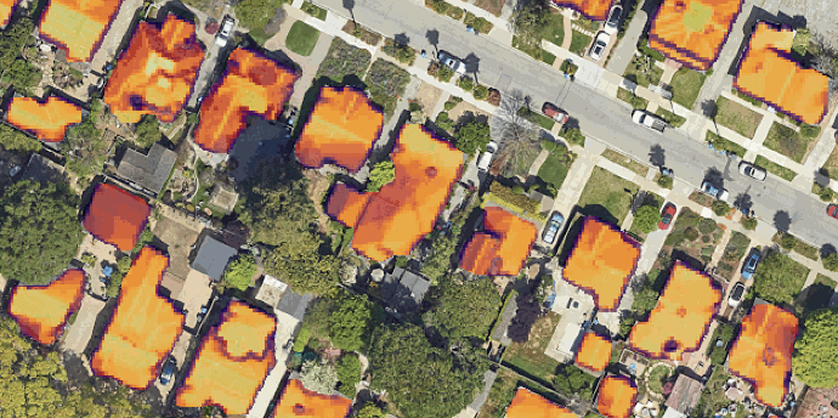 Aerial image of solar exposure on rooftops in a neighborhood.