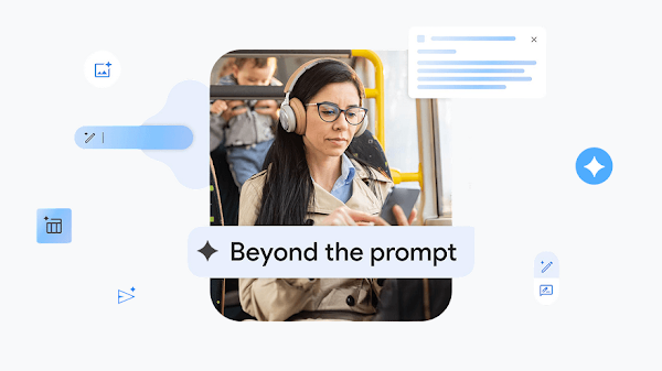 A person wearing headphones and looking at their phone while on a train with graphic overlays about prompting.