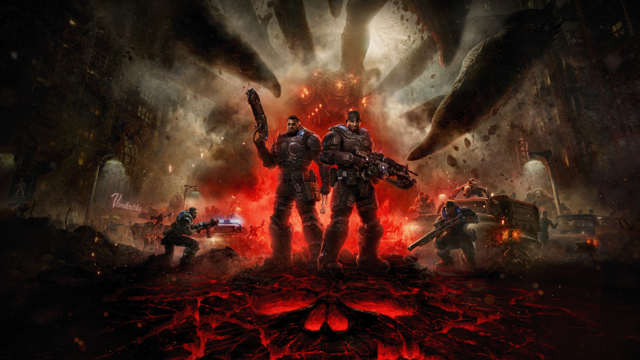 Marcus and Dom stan in the middle of destruction with danger lurking behind them