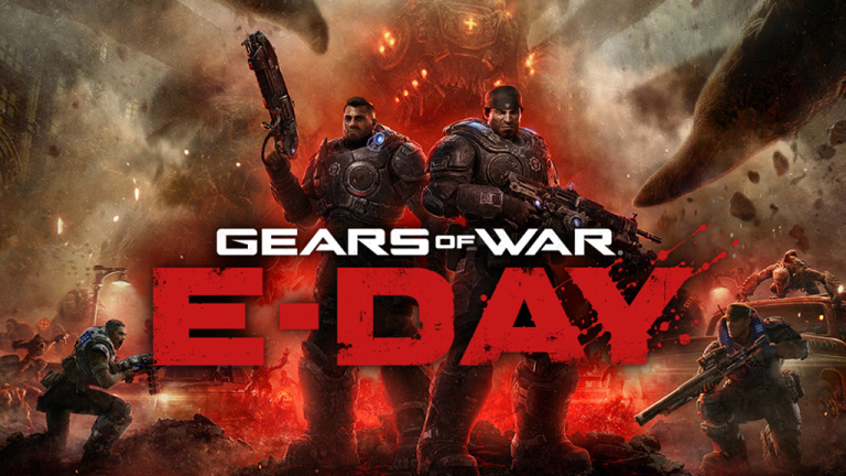 Gears of War E-Day. Marcus and Dom stan in the middle of destruction with danger lurking behind them