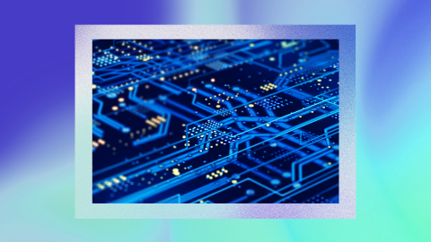 A close-up image of a blue printed circuit board (PCB) with intricate pathways and electronic components. The background is blurred with shades of blue and green, creating a futuristic and technological feel.
