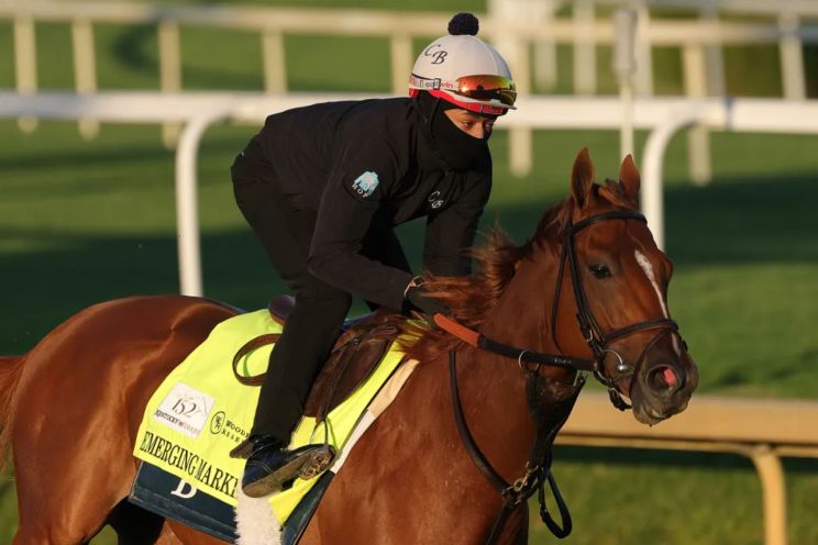 Emerging Market trains on the Churchill Downs track on May 1, 2026 in preparation for Saturday's Kentucky Derby.