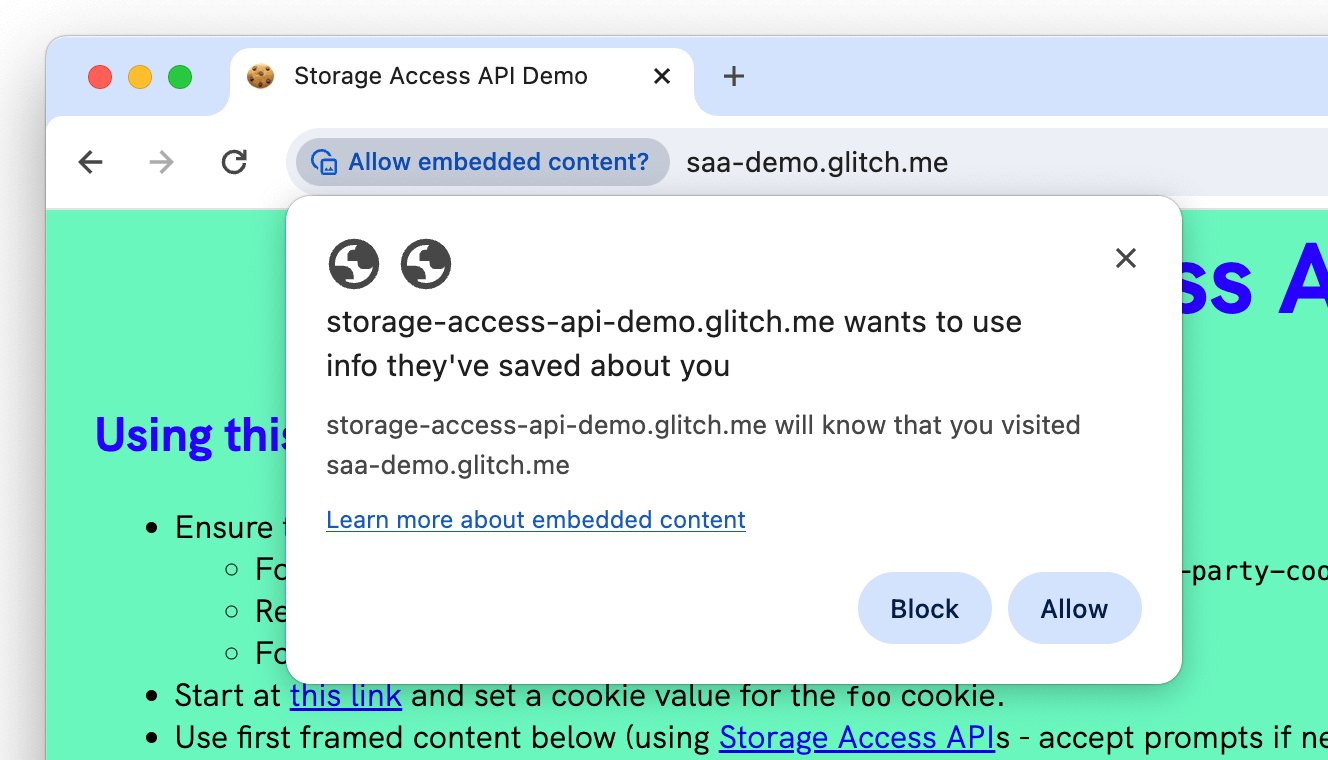 Mensaje de permiso de la API de Storage Access de Chrome.