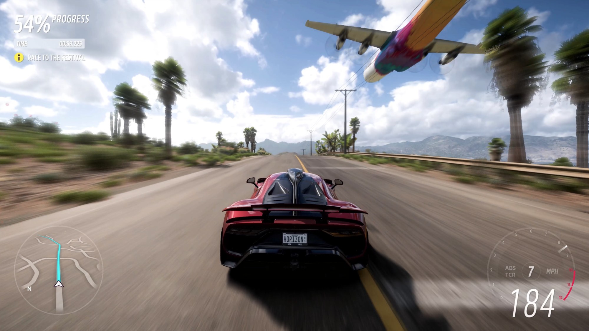 A car racing down a straight road in Forza Horizon 5