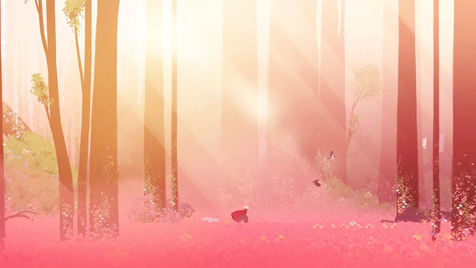 The girl and Neva explore a pink forest.