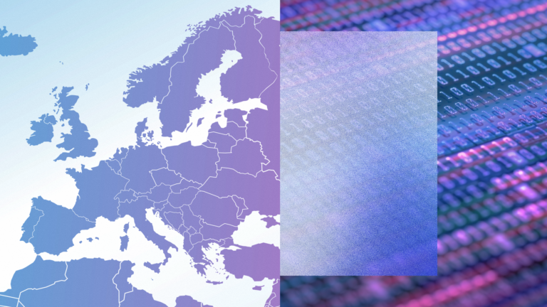 A map of Europe in blue and purple, juxtaposed with a grid in the same colours