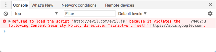 Errore della console: impossibile caricare lo script "http://evil.example.com/evil.js" perché viola la seguente direttiva delle norme sulla sicurezza dei contenuti: script-src "self" https://apis.google.com