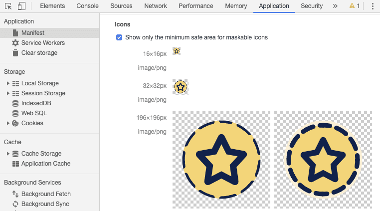 エッジが切り取られた PWA アイコンが表示されている DevTools の [アプリケーション] パネル