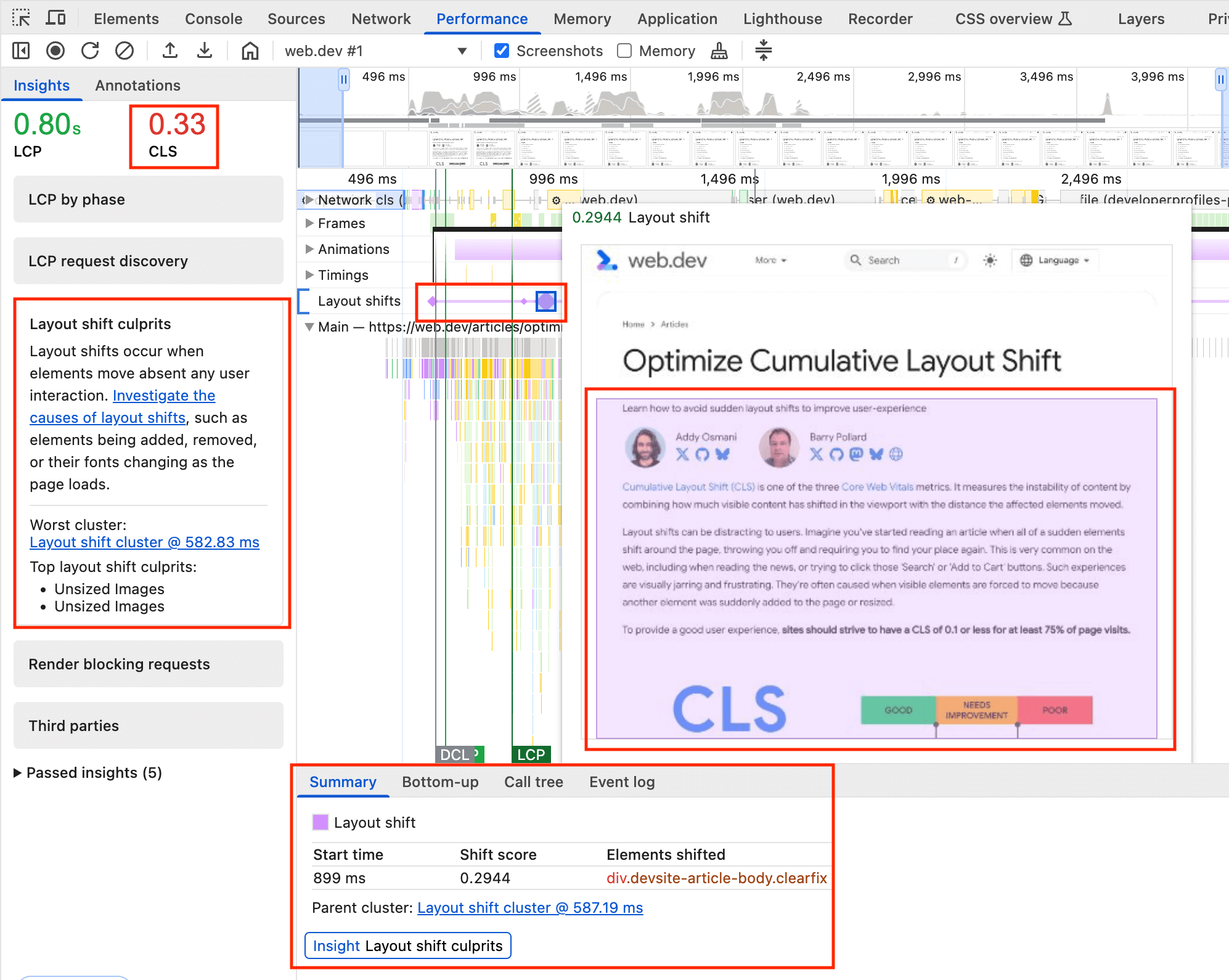 Rekordy zmiany układu wyświetlane w panelu wydajności w Narzędziach deweloperskich w Chrome.