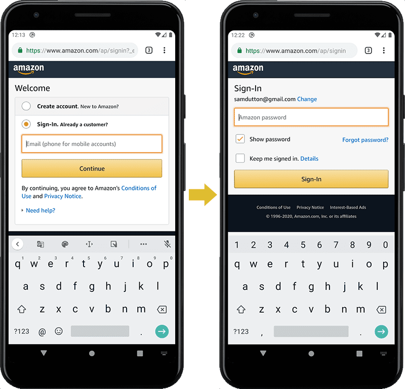 Amazon 網站上的登入表單螢幕截圖:電子郵件/電話和密碼位於兩個不同的「頁面」上。