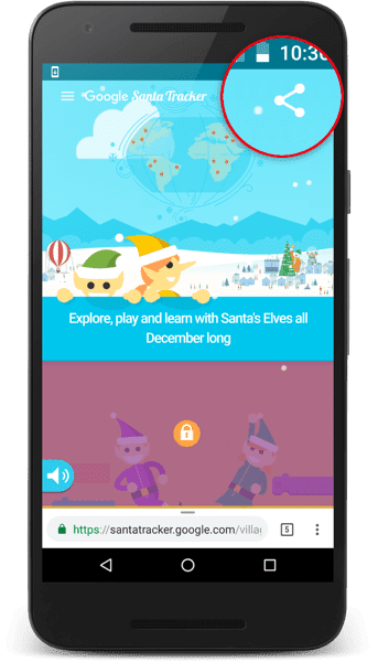 Aplikacja Santa Tracker z przyciskiem udostępniania.