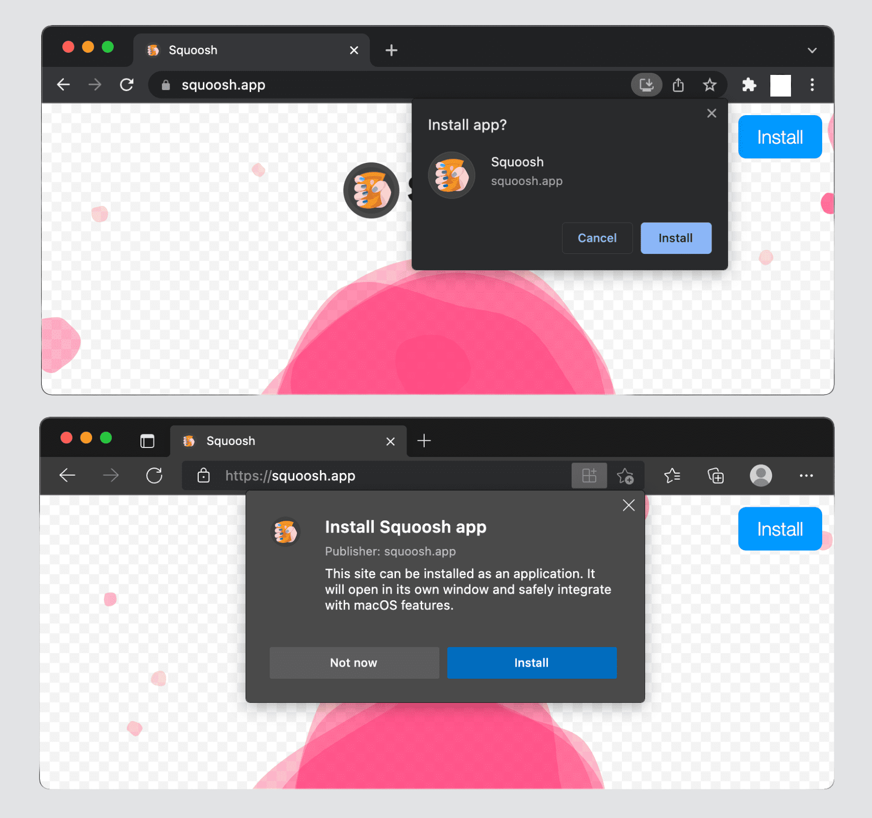 Chrome et Edge sur ordinateur, avec le badge d'installation dans la barre d'URL
