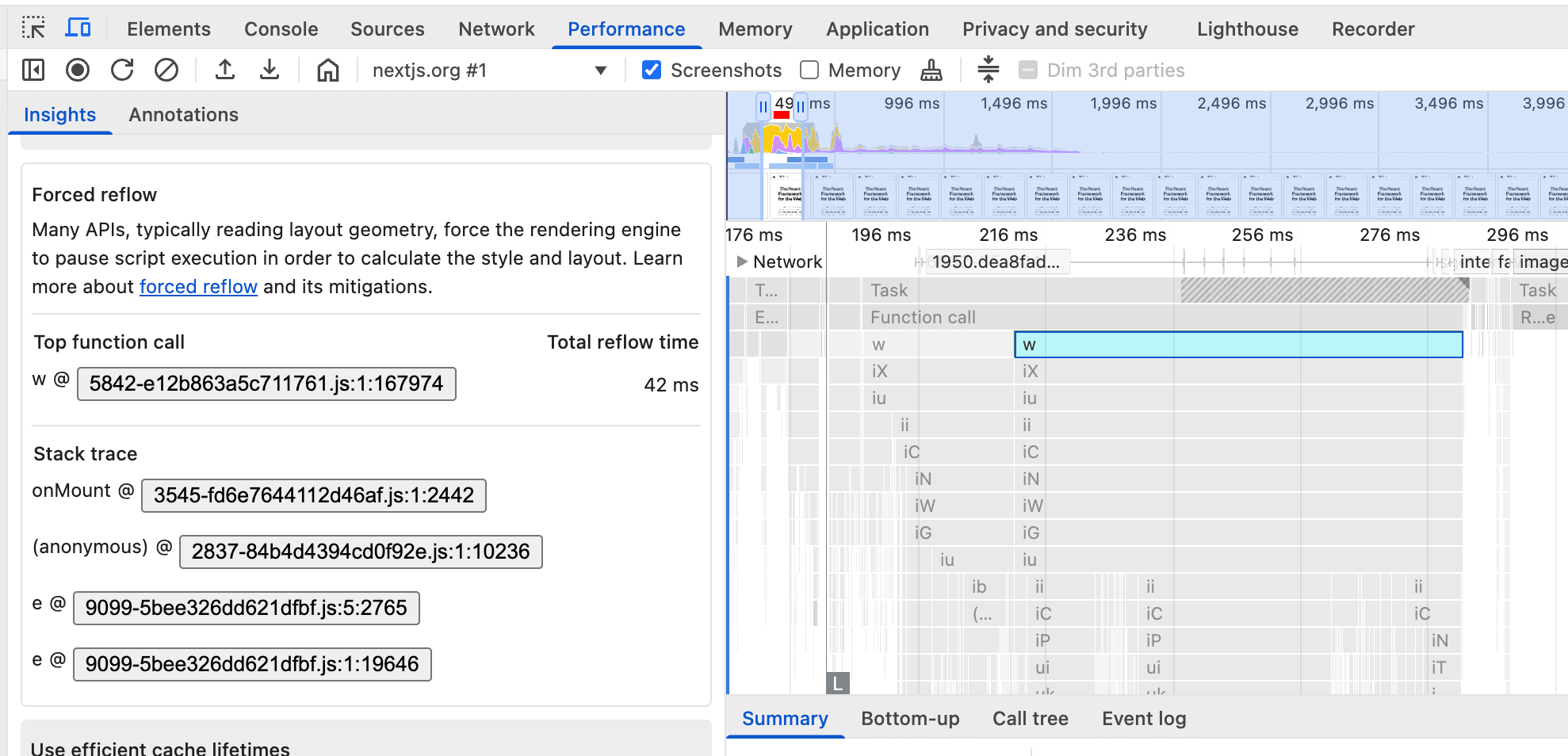 In den DevTools wird eine Funktion namens „w“ angezeigt, die einen erzwungenen Neuaufbau verursacht.