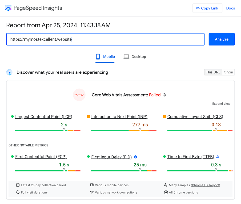 دادههای میدانی همانطور که توسط CrUX در PageSpeed Insights نشان داده شده است، LCP، INP، CLS را در سه Core Web Vital و TTFB، FCP را بهعنوان معیارهای تشخیصی و FID را بهعنوان یک متریک Core Web Vital منسوخ نشان میدهد.