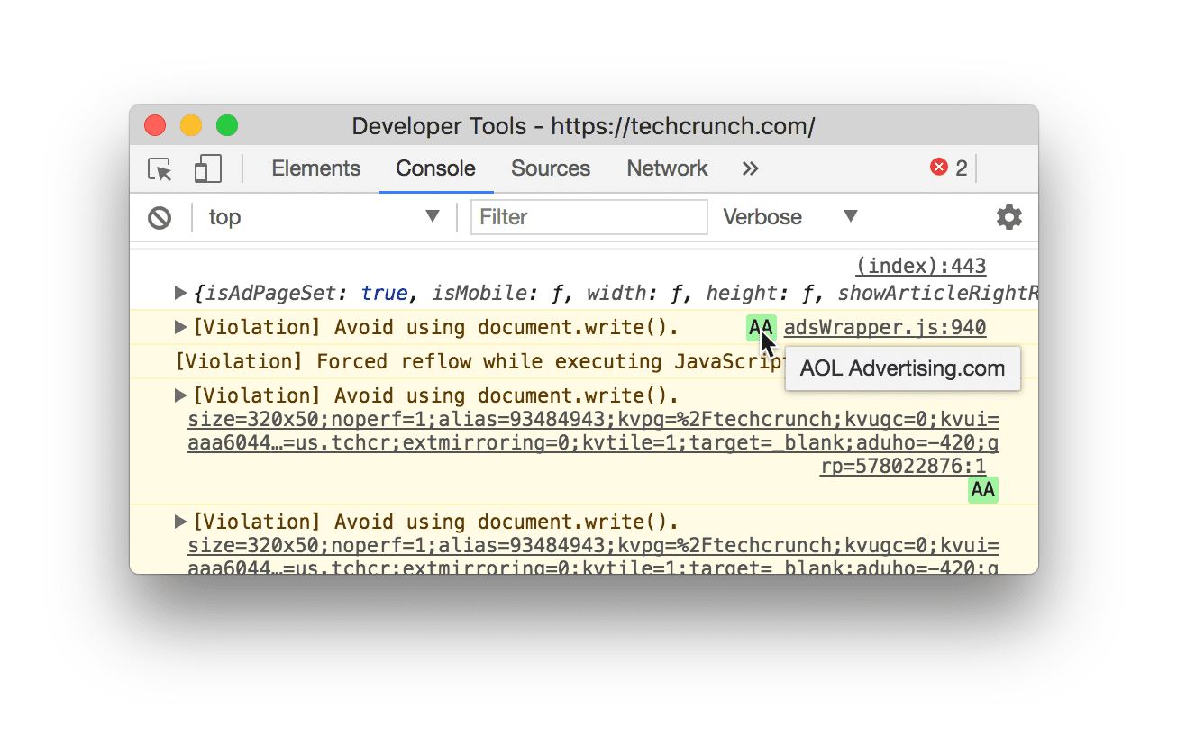 Avertissements dans la console DevTools mettant en évidence les cas de non-respect d'un élément intégré tiers à l'aide de document.write()