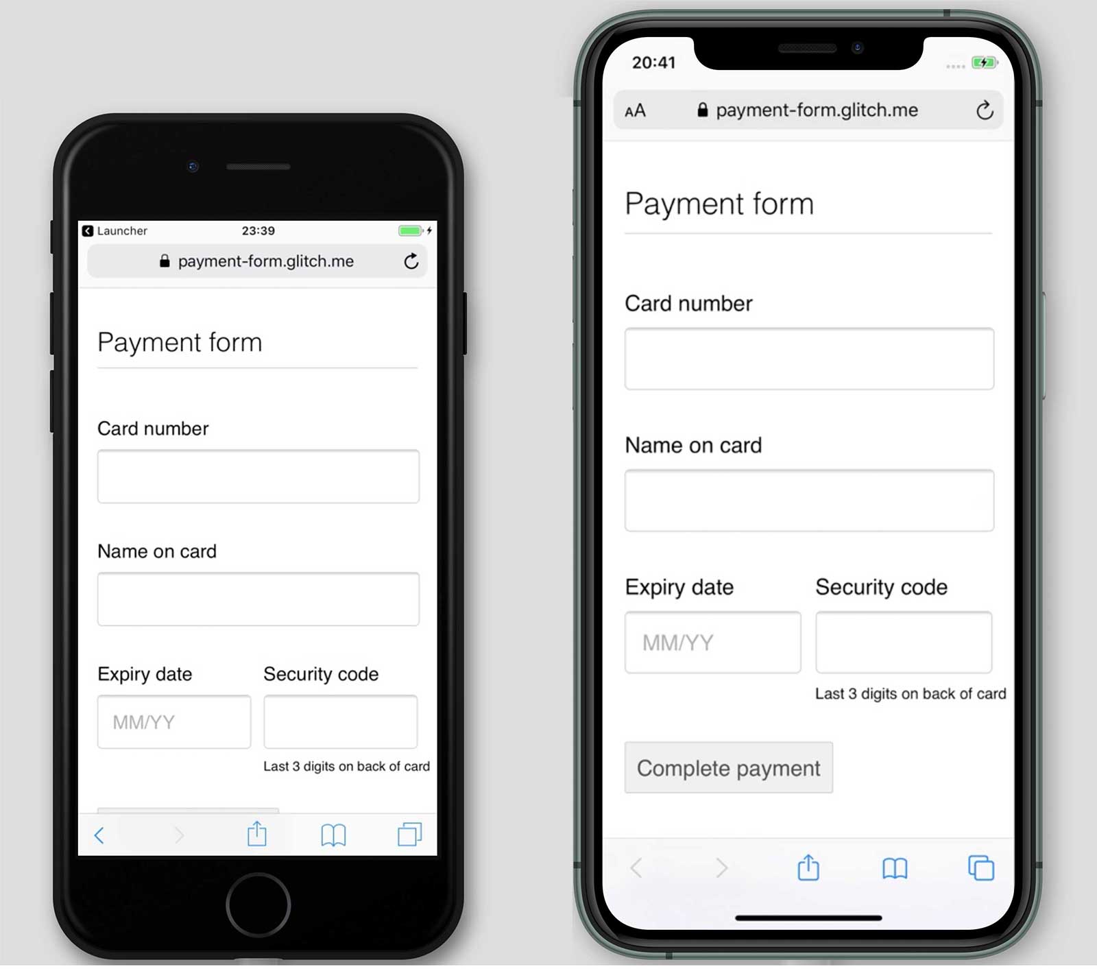 Screenshots eines Zahlungsformulars, payment-form.glitch.me, auf einem iPhone 7 und 11 Die Schaltfläche „Zahlung abschließen“ wird auf dem iPhone 11 angezeigt, aber nicht auf dem iPhone 7