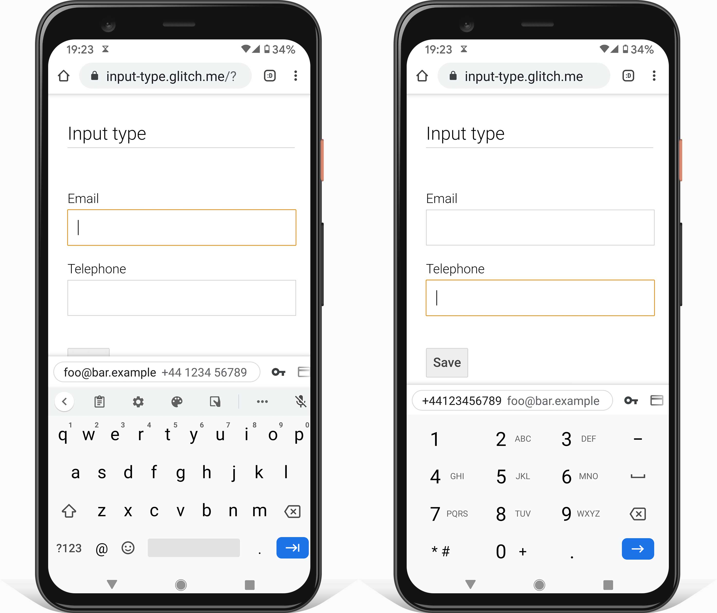 Dua screenshot
ponsel Android, yang menampilkan keyboard yang sesuai untuk memasukkan alamat email (menggunakan type=email)
dan untuk memasukkan nomor telepon (dengan type=tel).