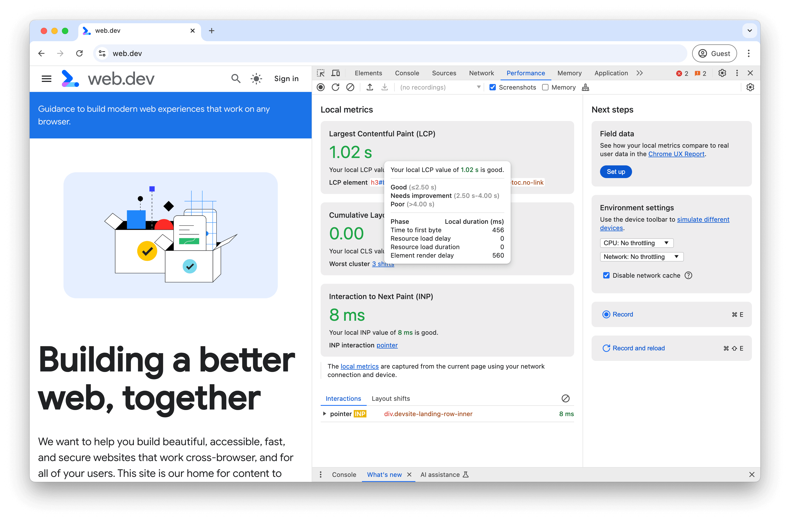 عرض المقاييس المباشرة في لوحة "الأداء" في "أدوات مطوّري البرامج في Chrome"