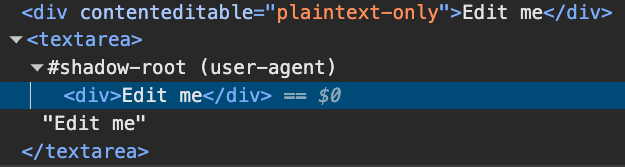 Панель Chrome DevTools Elements проверяет текстовую область, показывая, что она использует div в теневом корне пользовательского агента.