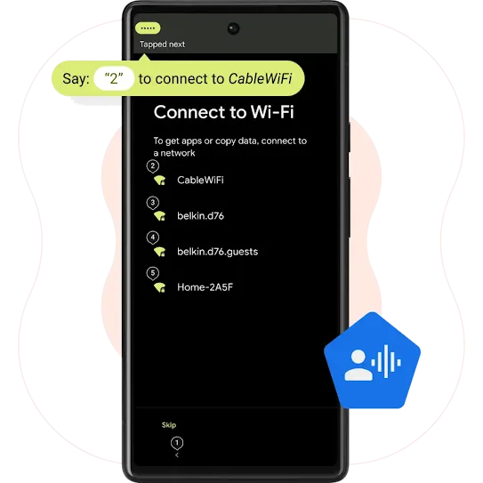 Android phone with a green speech bubble at the top reads “Say '2' to connect to CableWifi”. Below shows a list of other wifi networks that is in the area.