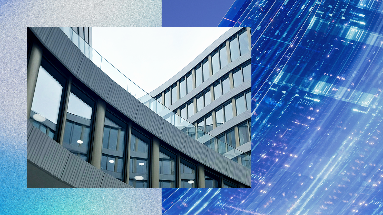 A decorative image of a building on an abstract blue background