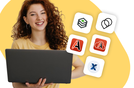 Smiling girl with a laptop with the XML MathType integrations icons